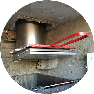 A red chair is on top of the metal shelf.